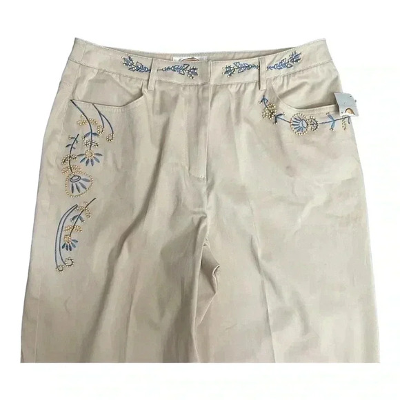 Talbots Petite Khaki Blue Beaded Floral Cropped Capri Pants Womens size 12 New - Picture 3 of 13